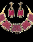 Carved Natural Ruby and Diamond Necklace and Earring Set