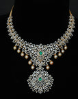 3-in-1 Diamond Necklace with changeable Natural Emeralds/Rubies and Pearl Drops