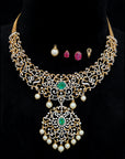 2 In 1 Diamond Necklace With Natural Emeralds/Rubies And Pearl Drops