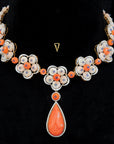 Diamond Necklace With Natural Corals And Blue Sapphire Beads With Earring Set