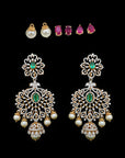 3 In 1 Diamond Earrings With Natural Emeralds/Rubies And Pearls