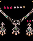 Diamond Necklace with Natural Emeralds/Rubies and Pearls With Earring