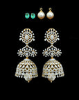 Diamond Jhumkhas with Natural Changable Emeralds and Pearl Drops