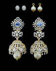 Diamond Jhumkhas with Natural Blue Sapphire and Pearl Drops
