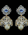 Diamond Jhumkhas with Natural Blue Sapphire and Pearl Drops
