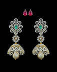 Long diamond Jhumkhas with Natural Chnagable Rubes & Emeralds with Pearl Drops