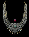 Diamond Haaram Necklace with Natural Changeble Rubies & Emeralds and Pearl Drops.