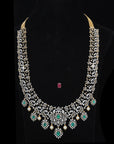 Diamond Necklace with Natural Emerald and Ruby Highlights with Classic Pearl Drops