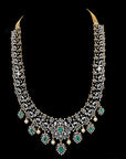 Diamond Necklace with Natural Emerald and Ruby Highlights with Classic Pearl Drops