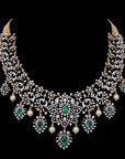 Diamond Necklace with Natural Emerald and Ruby Highlights with Classic Pearl Drops