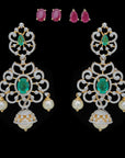 Floral Diamond Chandelier Earrings with changeble Emerald/Ruby and Pearl Drops
