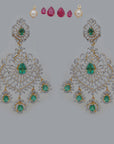 Diamond Filigree Statement Earrings with Natural Emerald, Ruby and Pearl