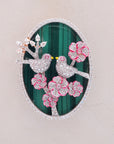 Diamond Love Bird Pendant with Natural Malachite and Pink Gemstones