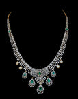 Diamond Tapered V-Shape Necklace Set with Natural Emerald, Ruby and Pearl