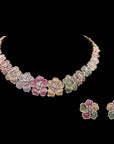 Diamond Floral Necklace with Natural Rubies, Sapphires and Tsavorites With Earring Set