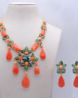 Diamond Necklace with Natural Corals and Emeralds With Earring Set