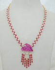 Diamond Necklace with Ruby Drops & Carved Pink Gemstone With Earring Set