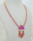 Diamond Necklace with Ruby Drops & Carved Pink Gemstone With Earring Set