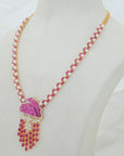 Diamond Necklace with Ruby Drops & Carved Pink Gemstone With Earring Set