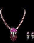 Diamond Necklace with Ruby Drops & Carved Pink Gemstone With Earring Set