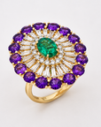Diamond Floral Cocktail Ring With Natural Emerald And Amethysts