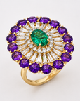 Diamond Floral Cocktail Ring With Natural Emerald And Amethysts