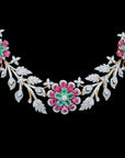 Diamond Necklace Set with Emeralds, Rubies and Flower Detailing With Earring