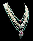 Diamond Necklace Set with Emeralds, Rubies and Layered Pearls With Earring (Copy)