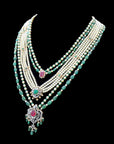Diamond Necklace Set with Emeralds, Rubies and Layered Pearls With Earring (Copy)