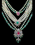 Diamond Necklace Set with Emeralds, Rubies and Layered Pearls With Earring (Copy)