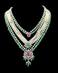 Diamond Necklace Set with Emeralds, Rubies and Layered Pearls With Earring (Copy)