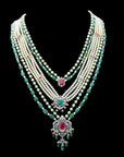 Diamond Necklace Set with Emeralds, Rubies and Layered Pearls With Earring (Copy)