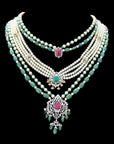 Diamond Necklace Set with Emeralds, Rubies and Layered Pearls With Earring (Copy)