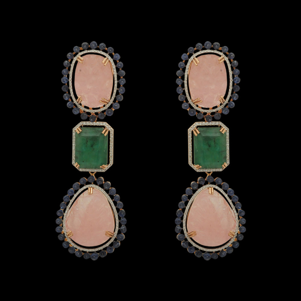 Diamond Earrings with Natural Carved Emerald, Morganite and Sapphire
