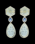 Natural Carved Aquamarine, Blue Sapphire and Diamond Earrings