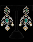 Floral Diamond Chandelier Earrings with changeble Emerald/Ruby and Pearl Drops