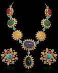 Diamond Necklace with Natural Emeralds/Rubies, Yellow Sapphires, Tanzanite, Turquoise and Pearls With Earring Set