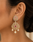 Chandbali/Buttalu and Butta Earrings made of Emeralds, Rubies, Gold, and Diamond and Pearls