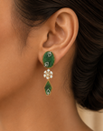 Natural Carved Emerald, Sapphire, Pearls and Diamond Earrings