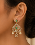 Diamond Earrings with Changeable Natural Emerald/Ruby Gemstone and Changeable Pearl Drops