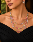 3 In 1 Diamond Necklace With Multi - Color Sapphires With Earring Set