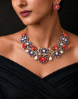 Diamond Necklace With Natural Corals And Tanzanite With Earring Set