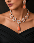 Diamond Necklace With Natural Corals And Blue Sapphire Beads With Earring Set