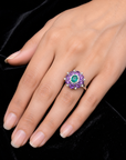 Diamond Ring with Natural Emerald and Amethyst Floral Design