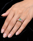 Diamond Halo Ring with Octagon-Cut Emerald and Pink Sapphires