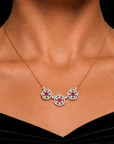 Diamond Triple Floral Station Pendant With Natural Ruby
