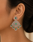 Diamond Statement Chandelier Earrings with Natural Emerald, Ruby and Pearl