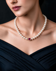 Pearl Necklace with Natural Ruby Center And Diamonds