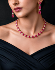 Diamond Statement Necklace With Natural Rubies With Earring Set