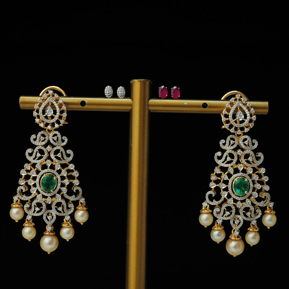Diamond Earrings changeable with changeble Natural Emeralds/Rubies and Pearl drops